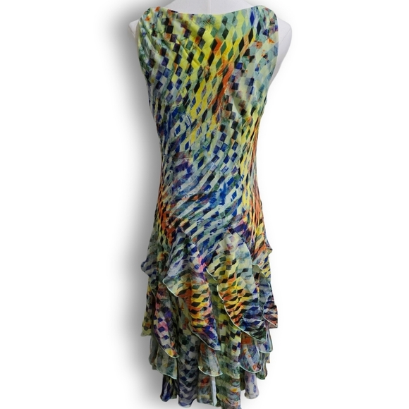 Signature by Robbie Bee ✦ Geometric Midi Dress ✦ Sleeveless Fairy Ruffle Hem 8P - Picture 5 of 16